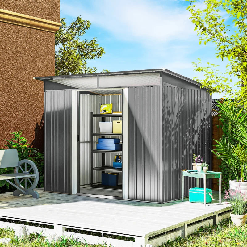 9' x 6.5' Outdoor Metal Garden Shed Utility Tool Storage Steel Backyard Storage House, Light Grey