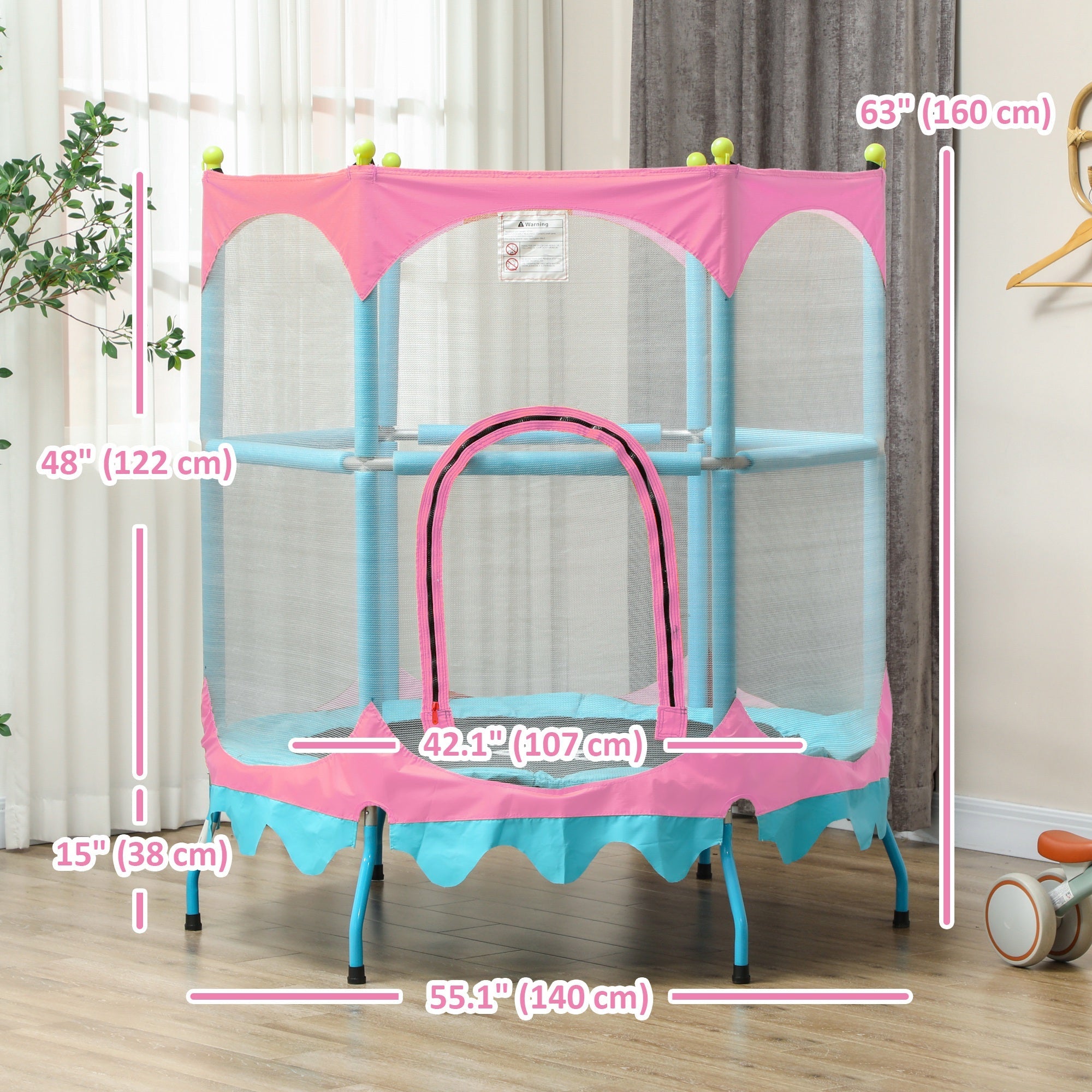 Qaba Trampoline for Kids, 4.6FT Mini Toddler Trampoline Indoor Outdoor with Handlebar, Safety Enclosure Net, Pink