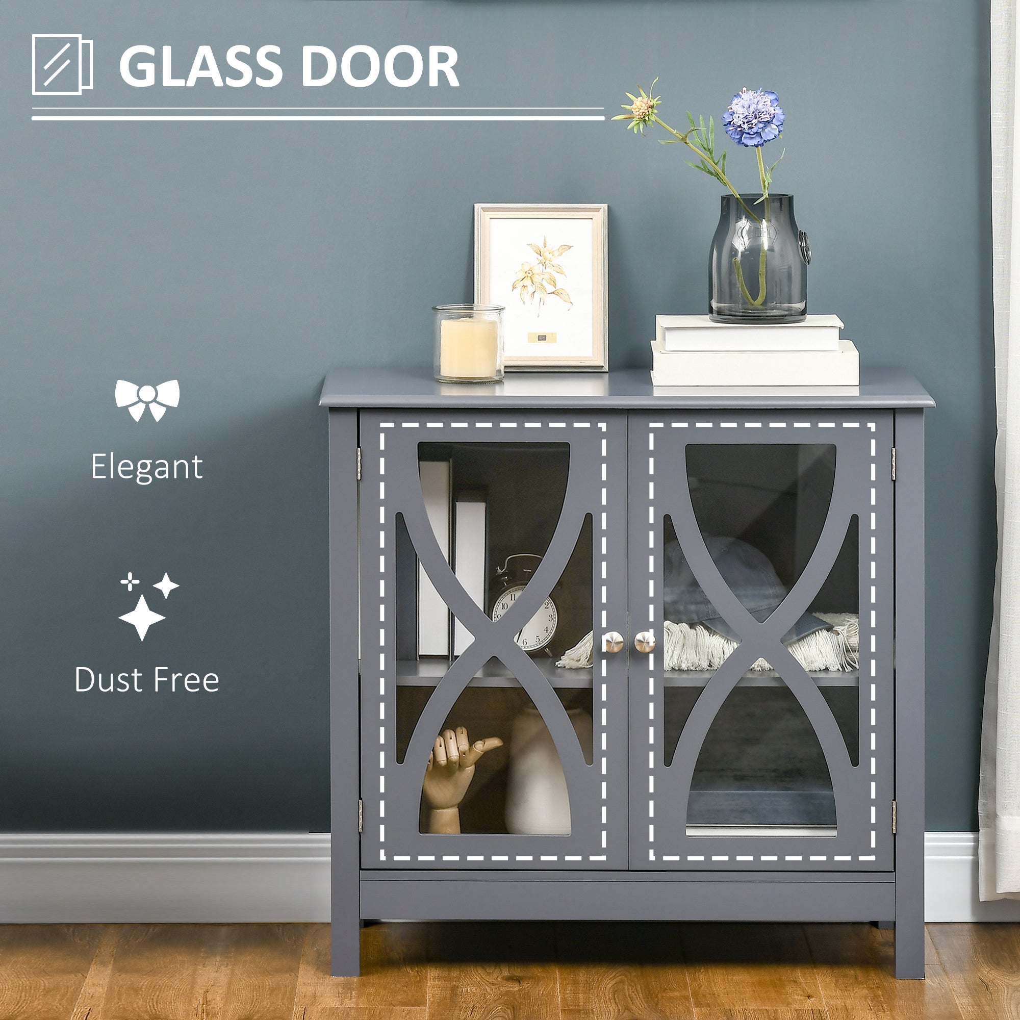 HOMCOM Dining Delight: Kitchen Sideboard w/ Glass Door, Buffet Cabinet, Accent Cupboard, Adjustable Shelf for Dining Living Room, Grey