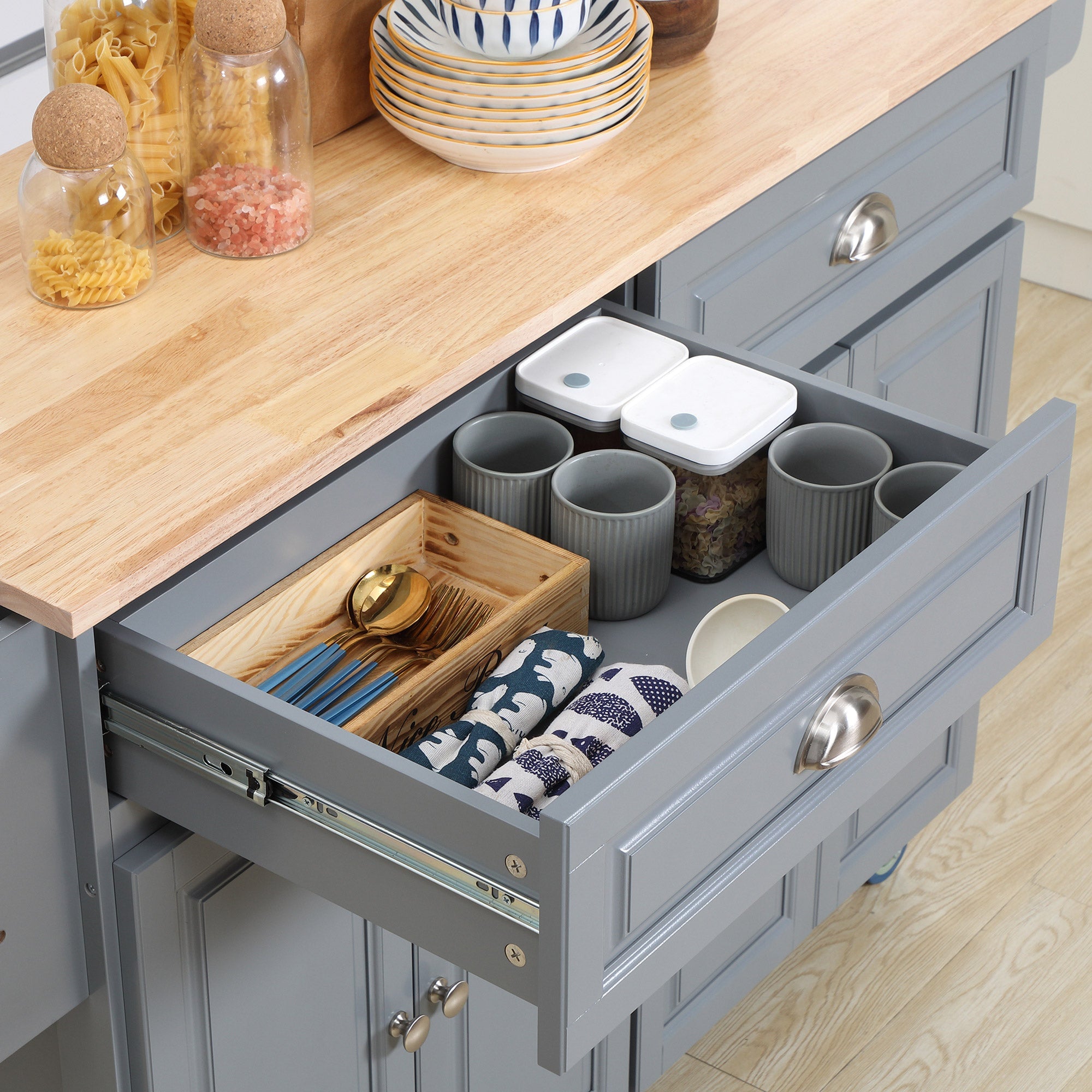 HOMCOM Rolling Kitchen Island: Drop-Leaf Wood Top, Drawers & Cabinets for Extra Storage, Grey