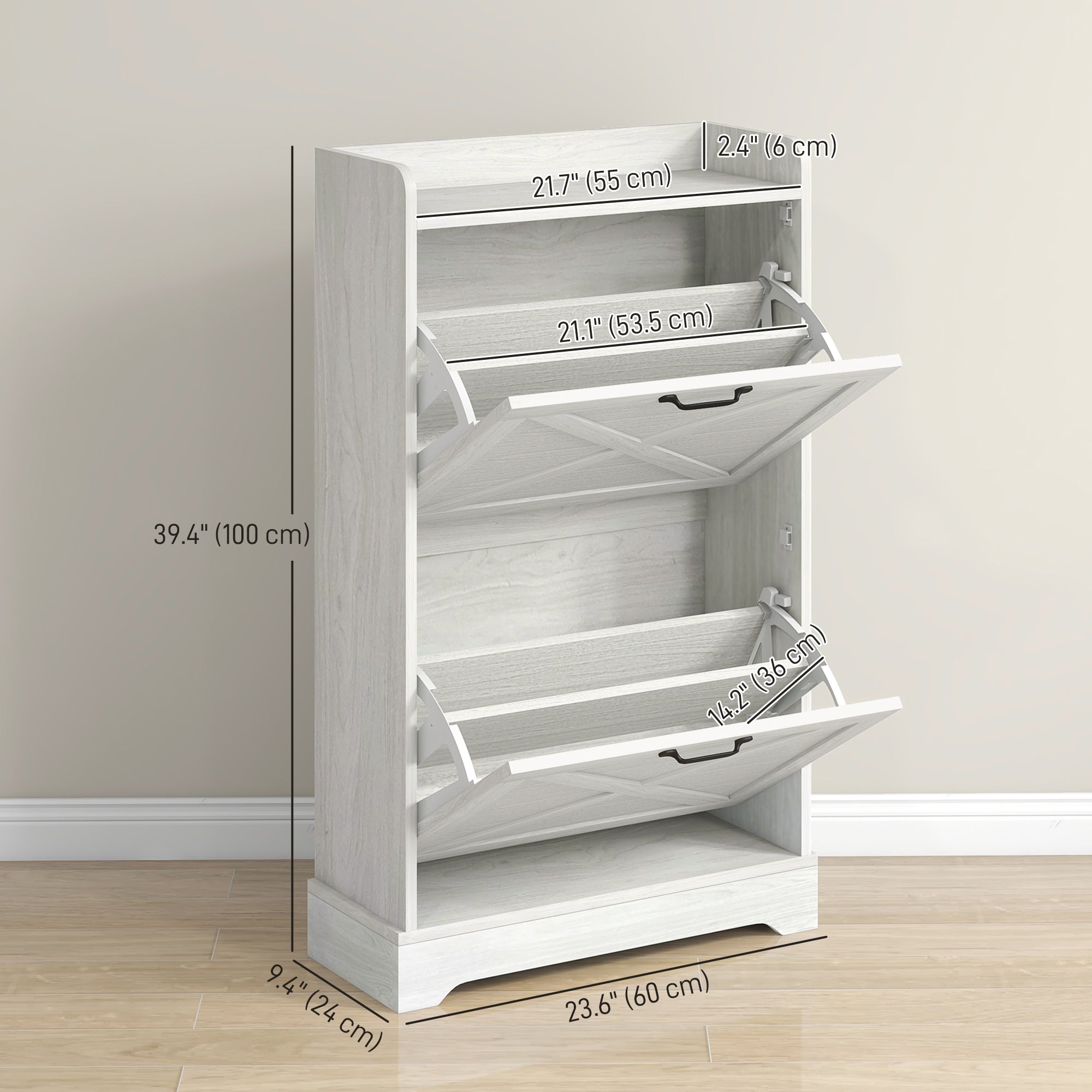 HOMCOM Slim Shoe Storage Cabinet, Farmhouse Shoe Cabinet with 2 Flip Drawers, Adjustable Shelves for 8 Pairs, Distressed White