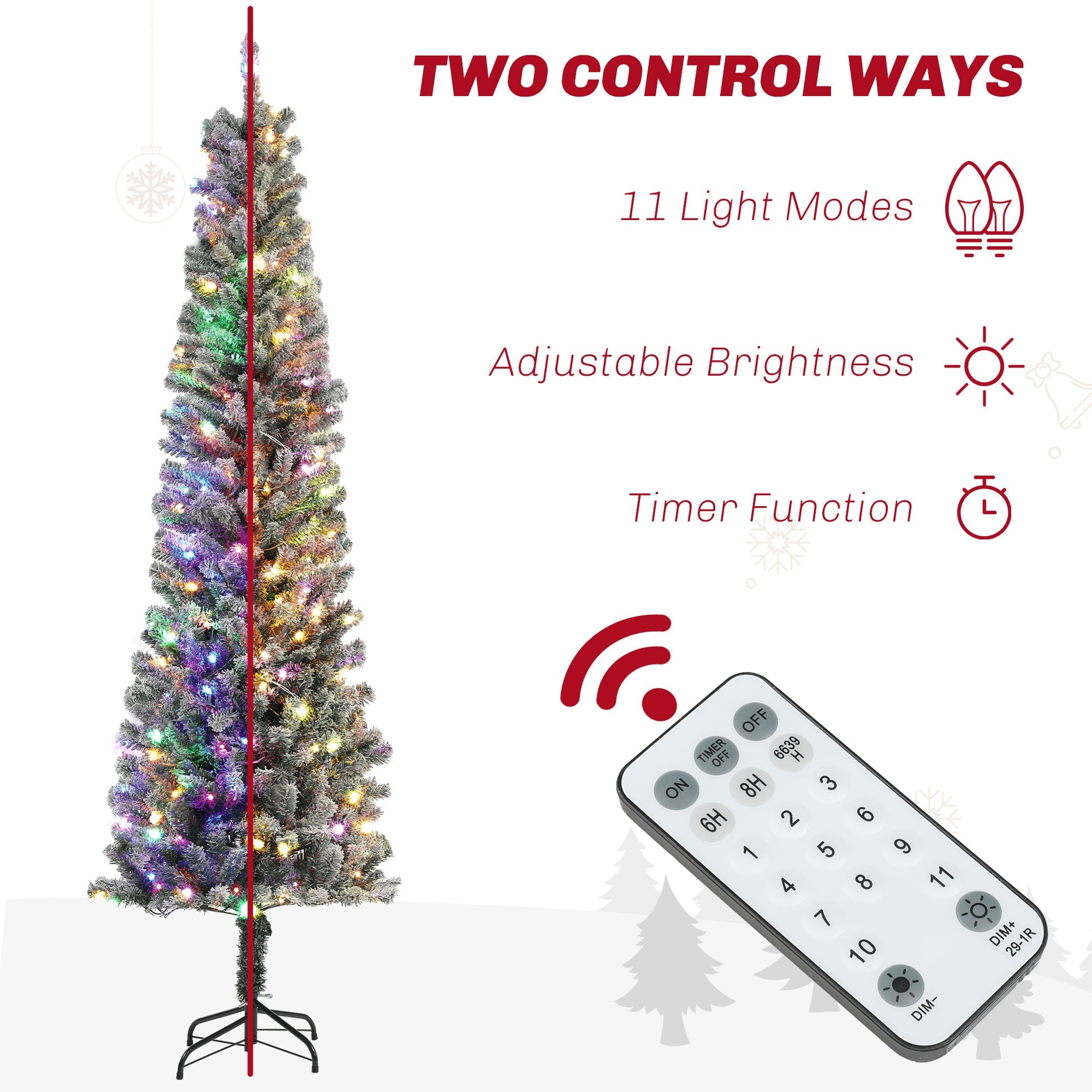 HOMCOM 7.5ft Prelit Pencil Artificial Christmas Tree, Flocked Xmas Tree with Dual Colour LED Lights, 519 Tips and Metal Stand