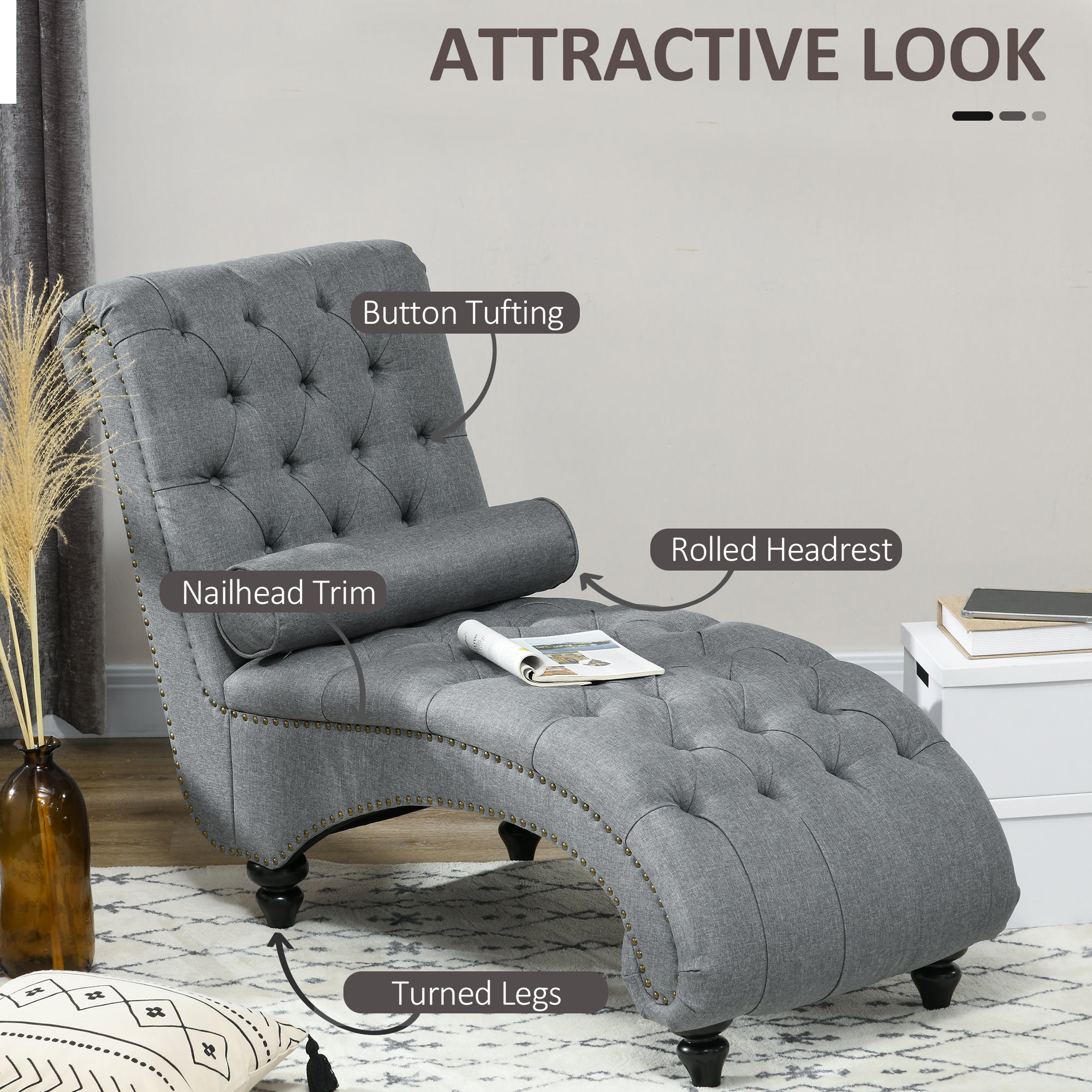 HOMCOM Button Tufted Chaise Lounge Chair Grey Indoor Upholstered with Bolster Pillow Wood Legs Nailhead Trim