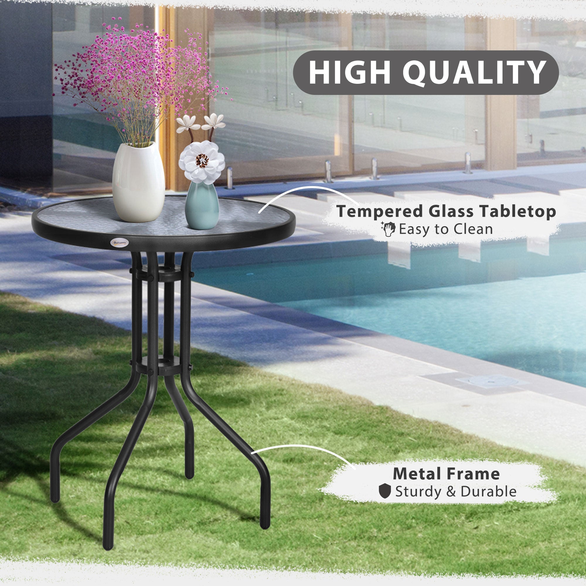 Outsunny 24" Patio Round Table with Tempered Glass Top Durable Outdoor Dining Steel Frame