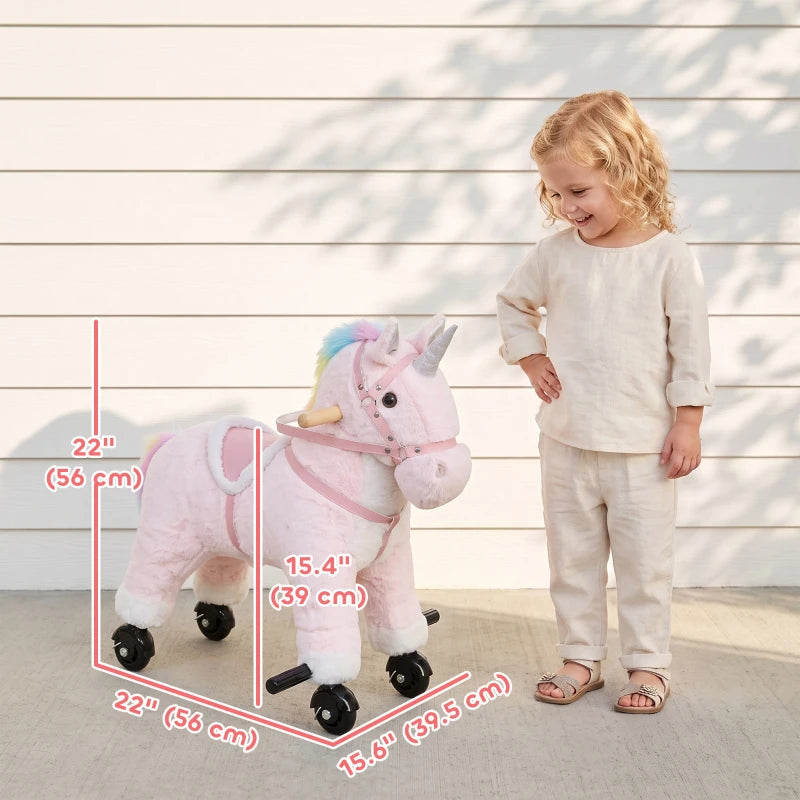 Pink Unicorn Ride-On Toy with Wheels, Sounds & Plush Design for Kids Ages 2–5