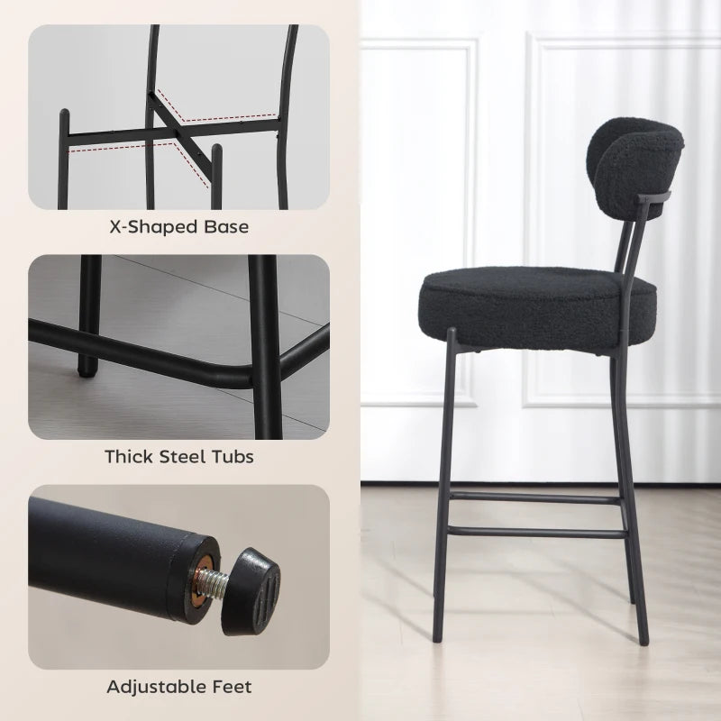 Set of 2 Barstools, Upholstered Bar Stools with Backrest, Footrest for Kitchen Island, Dining Room, Black
