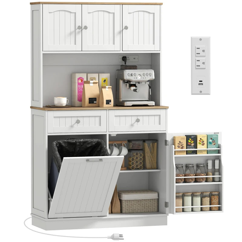 68" Pantry Cabinet with Charging Station, Storage Cabinet with Microwave Stand, 10 Gallon Trash Can Cabinet, White