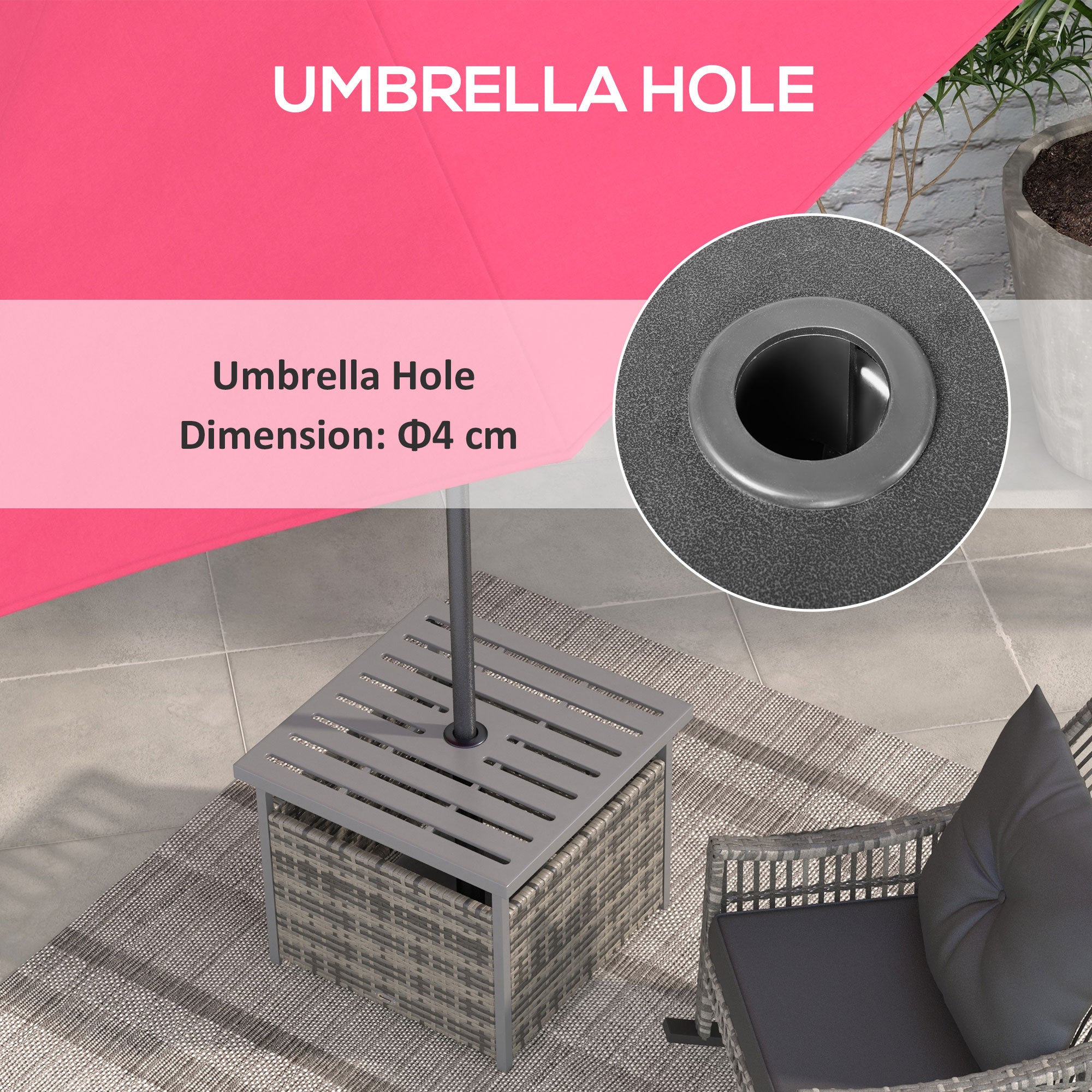 Outsunny Mixed-Grey Rattan Wicker Patio Coffee Table Outdoor with Umbrella Hole for Backyard