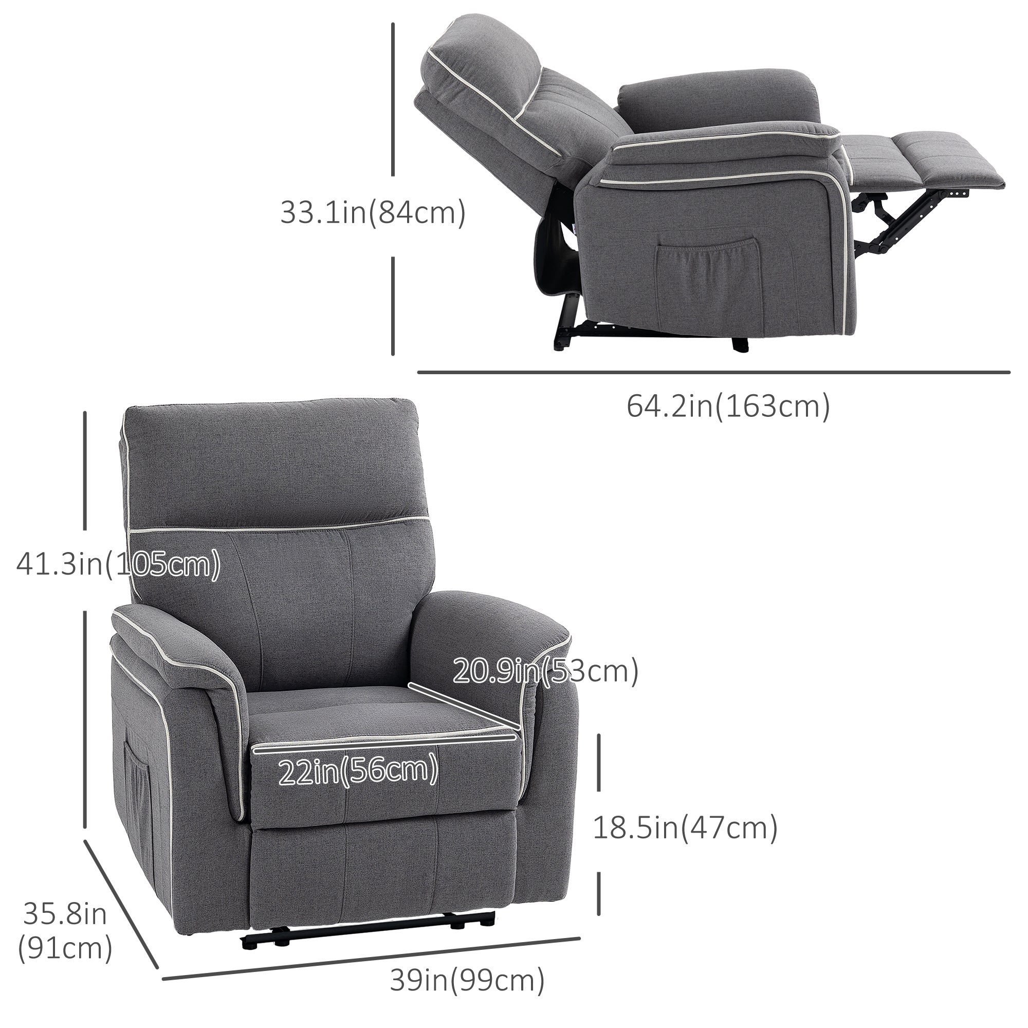 HOMCOM Fabric Reclining Chair, Manual Recliner Chair for Living Room with Footrest, 2 Side Pockets, Steel Frame, Dark Grey