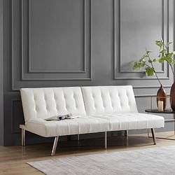 Mid-Century Modern Split Back Futon Sleep Sofa Bed in White Faux Leather - Free Shipping