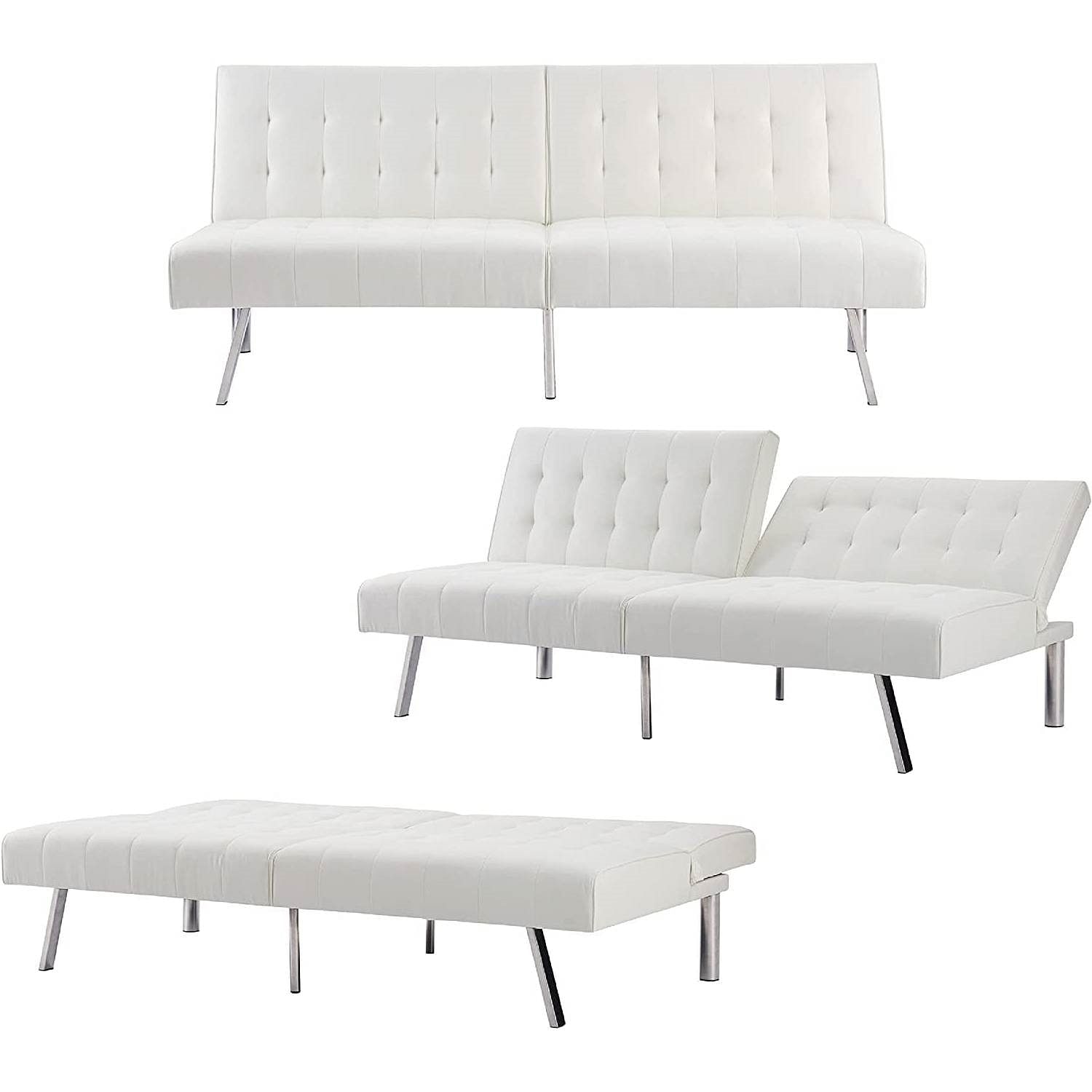 Mid-Century Modern Split Back Futon Sleep Sofa Bed in White Faux Leather - Free Shipping