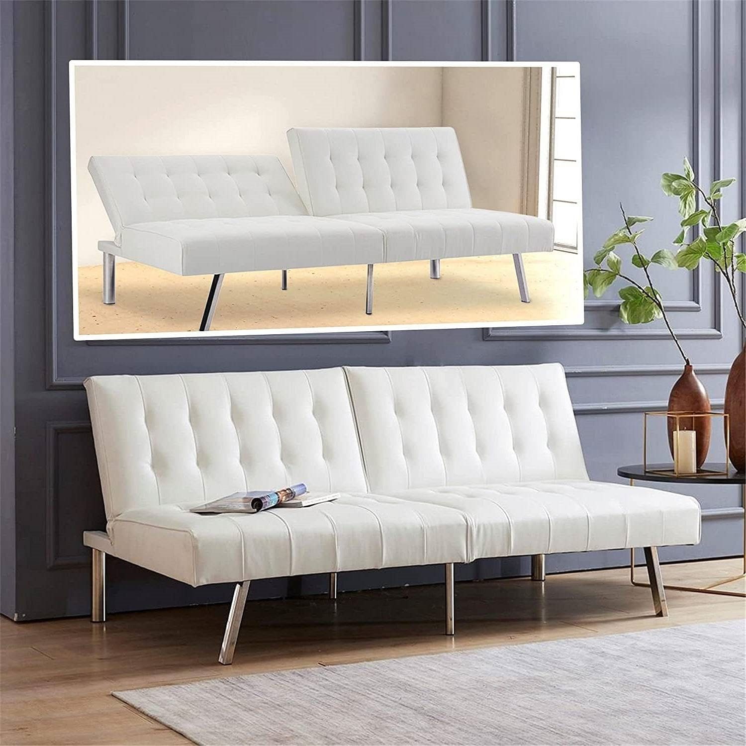 Mid-Century Modern Split Back Futon Sleep Sofa Bed in White Faux Leather - Free Shipping