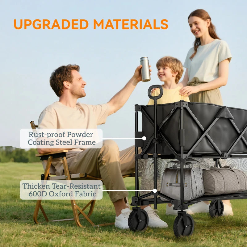 Double Decker Folding Wagon Cart, 450LBS & 350L Capacity Collapsible Garden Cart for Camping Sports Shopping and Beach