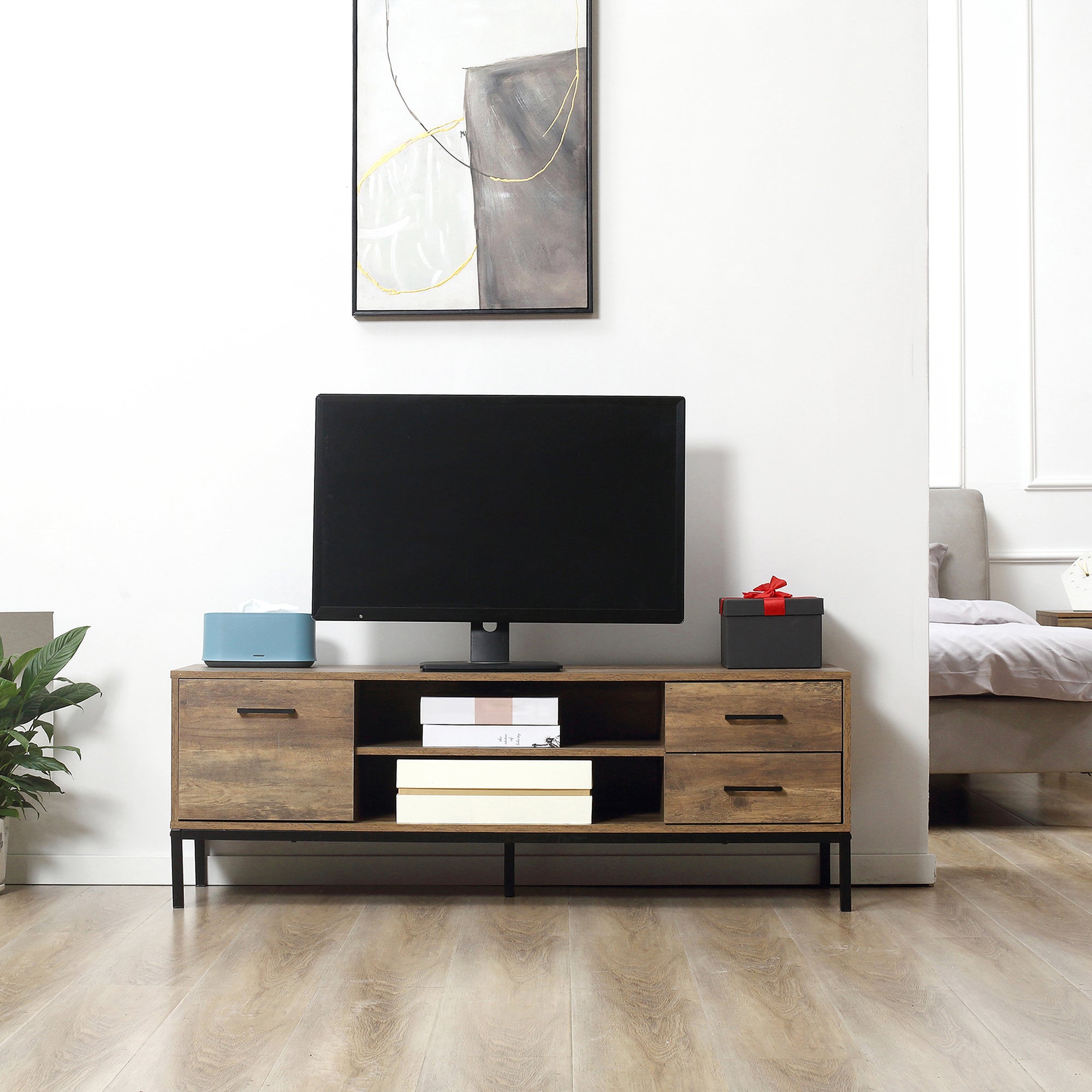 HOMCOM Contemporary Coffee Convergence: TV Stand for up to 50" TVs, Entertainment Center with Door, Open Storage, Drawers, Steel Legs