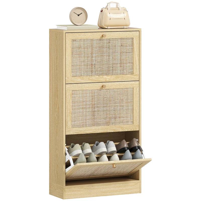 Rattan Shoe Storage Cabinet with 3 Flip Drawers and Adjustable Shelves, Entryway Shoe Cabinet for 18 Pairs, Oak