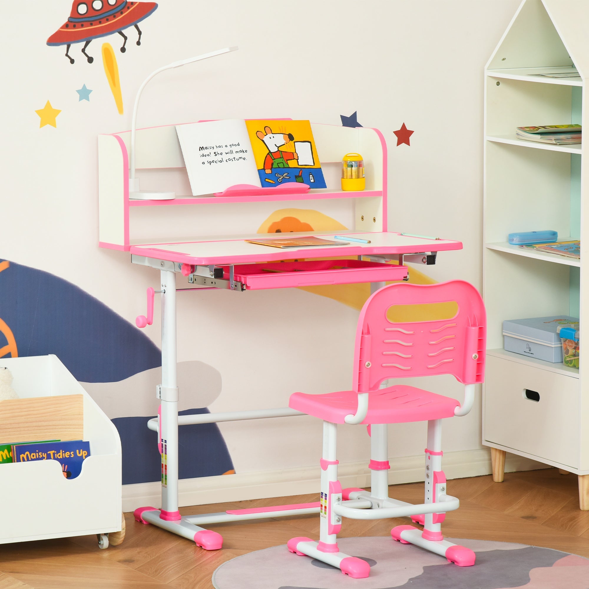 Qaba Kids Adjustable Desk and Chair Set with LED Light Bookshelf Drawer for Student Study Pink