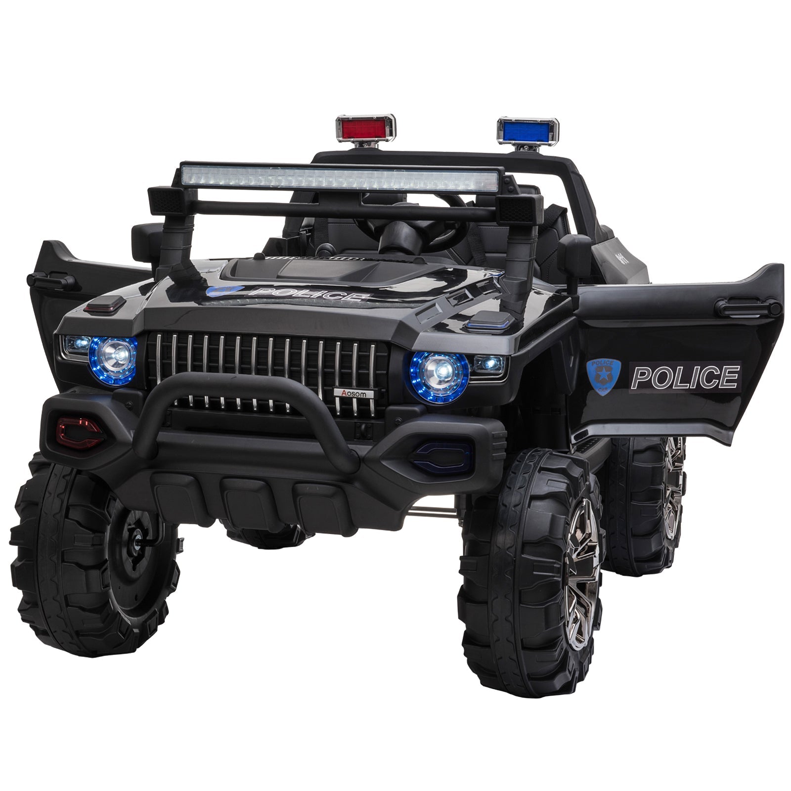 Aosom 12V Kids Police Truck Ride-On Car RC 2-Seater with LED Lights MP3 Parental Remote Control Black