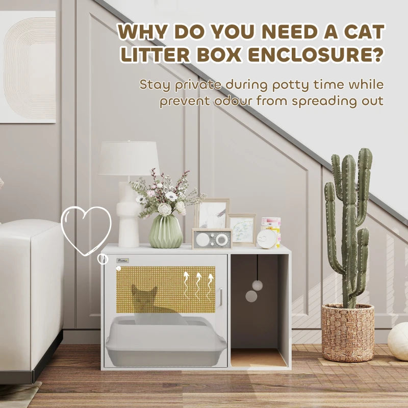 Cat Litter Box Enclosure, Cat Washroom End Side Table with Rattan Door, Scratching Pad, Non-slip Foot Pads, White