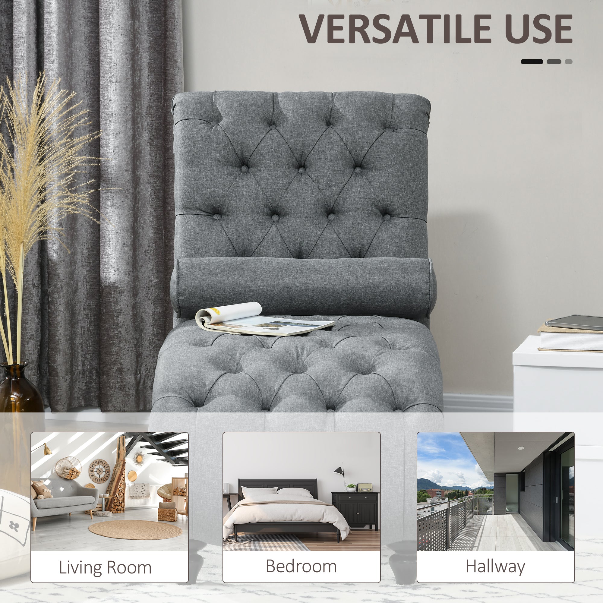 HOMCOM Button Tufted Chaise Lounge Chair Grey Indoor Upholstered with Bolster Pillow Wood Legs Nailhead Trim