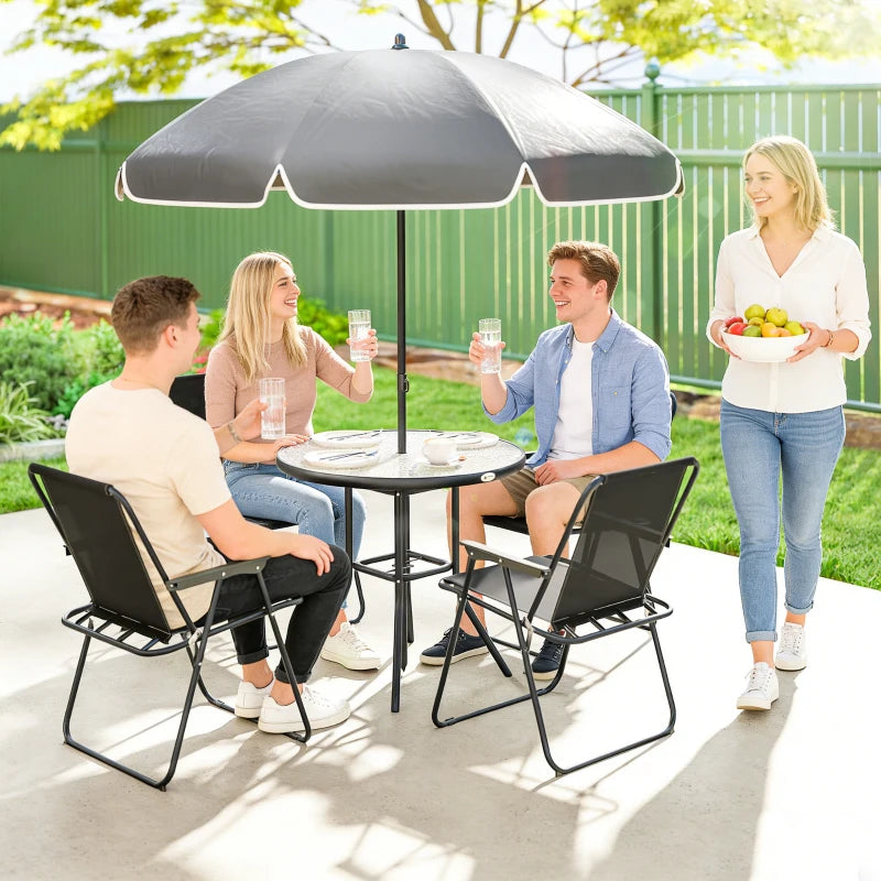 6 Pieces Patio Dining Set with Umbrella, Patio Furniture Set with Folding Chairs, Glass Table for Garden Backyard, Black