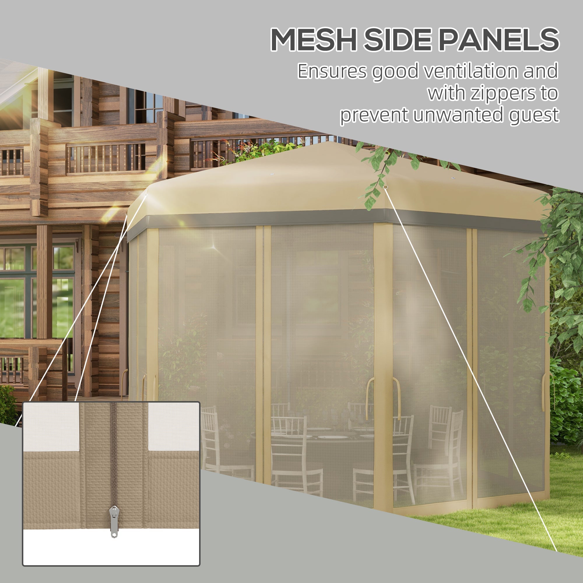 Outsunny 12'x12' Pop Up Canopy, Hexagon Gazebo with Netting, Carry Bag, Height Adjustable Instant Shelter, Khaki