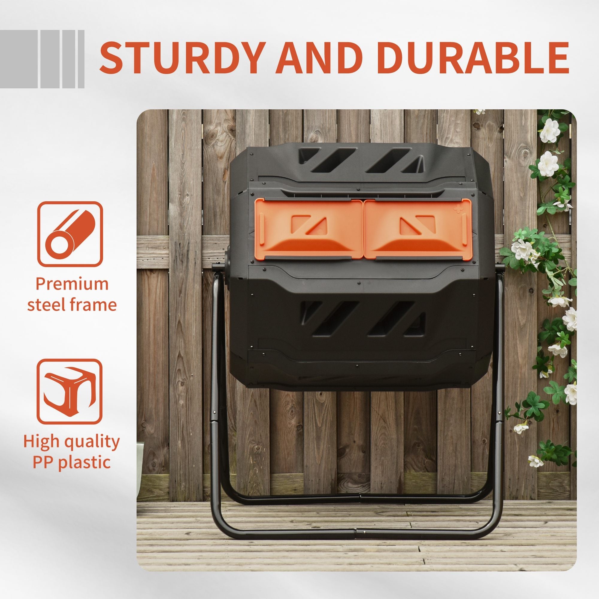 Outsunny Tumbling Composter Dual Chamber, 360° Rotation, 43 Gallon, Easy Access Sliding Doors, in Orange