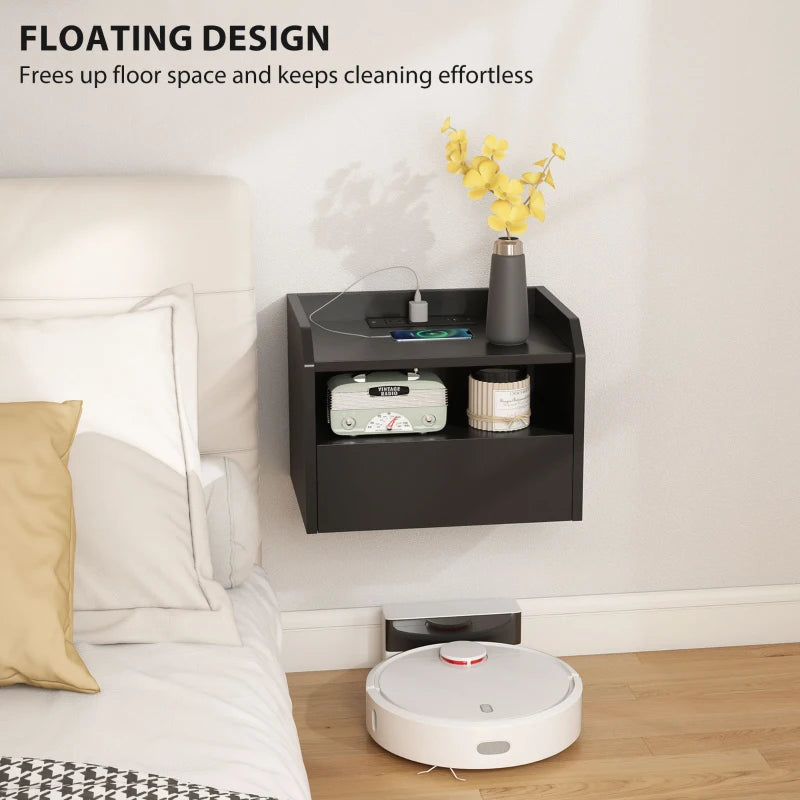 Wall Mounted Bedside Table, Set of 2 Floating Nightstand with Charging Station, Drawer and Open Shelf for Bedroom, Black