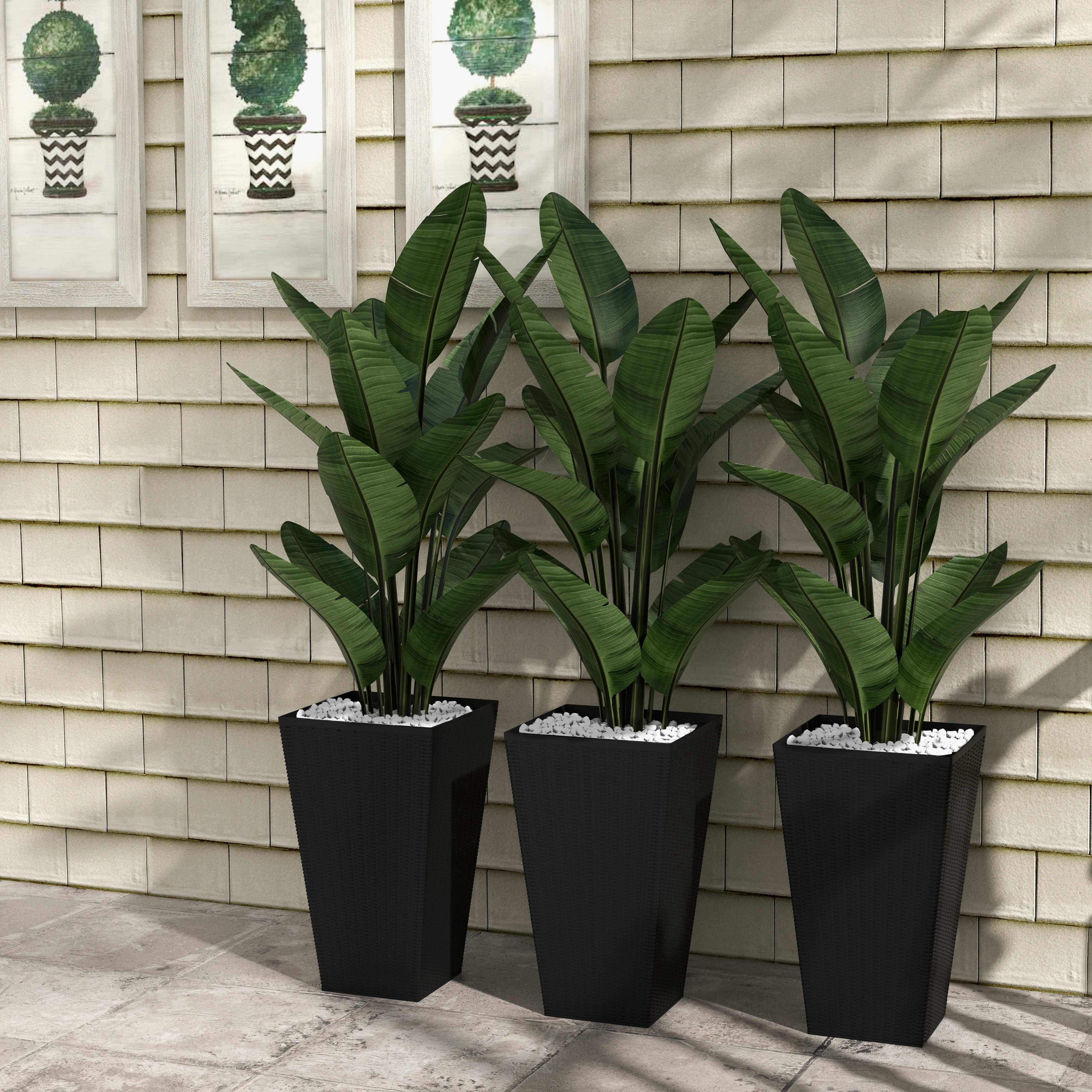 Outsunny Elegant 3-Piece Tall Plant Stand Set for Outdoor & Indoor - Enhance Your Entryway, Patio, Deck in Black