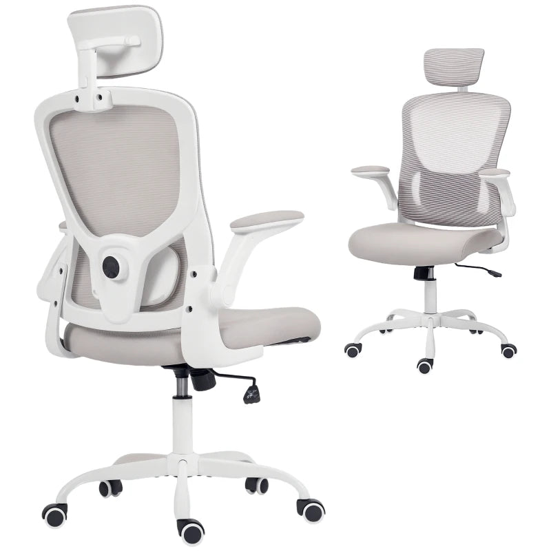 Ergonomic Office Chair, Mesh Desk Chair with Adjustable Headrest, Lumbar Support and Height, Flip-Up Armrests, Grey