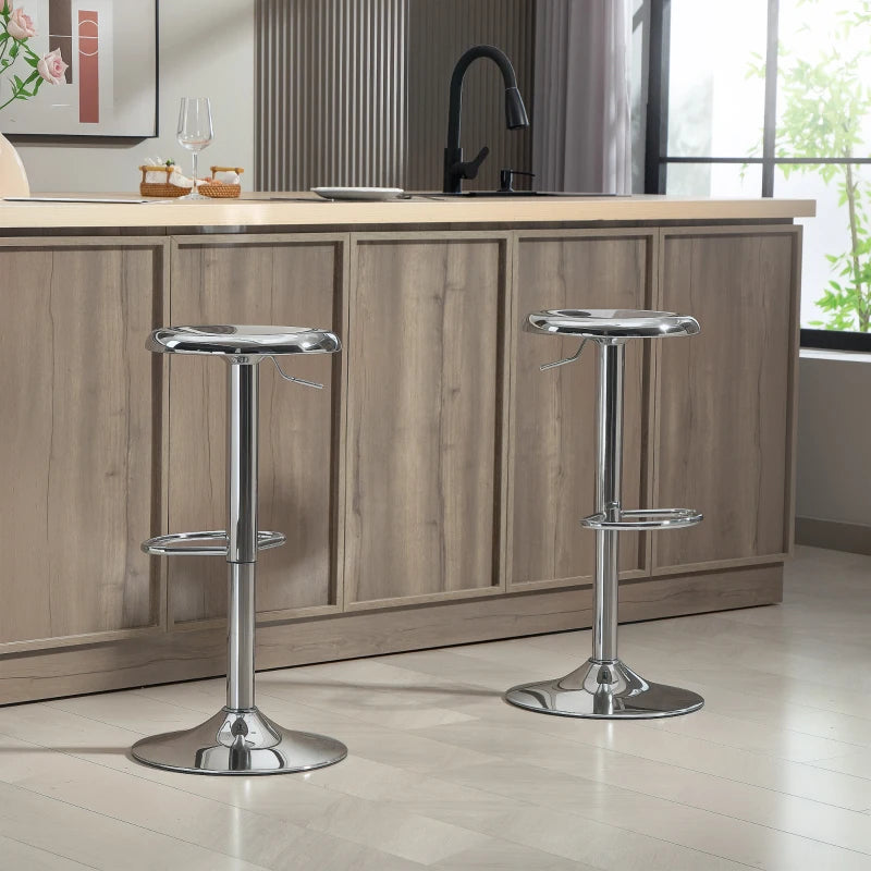 Steel Bar Stools Set of 2, Adjustable Counter Height Round Breakfast Barstools, Industrial Swivel Bar Chairs, Silver