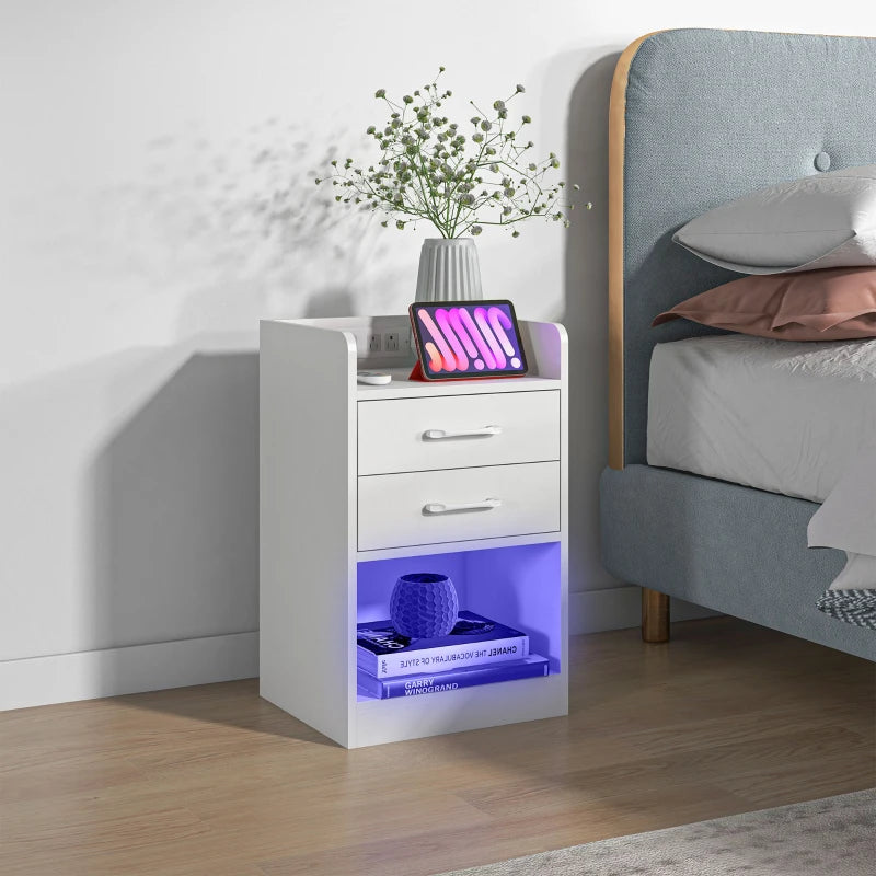 Tall Nightstand with Charging Station and LED Lights, Small Bedside Table with AC Outlets, USB Ports, 2 Drawers, Shelf