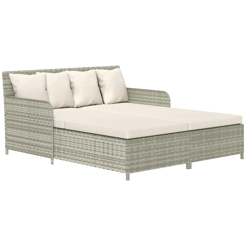 Rattan Outdoor Daybed, Sunbed Loveseat with Soft Cushions, 4 Pillows, Curved Backrest & Armrest, Beige