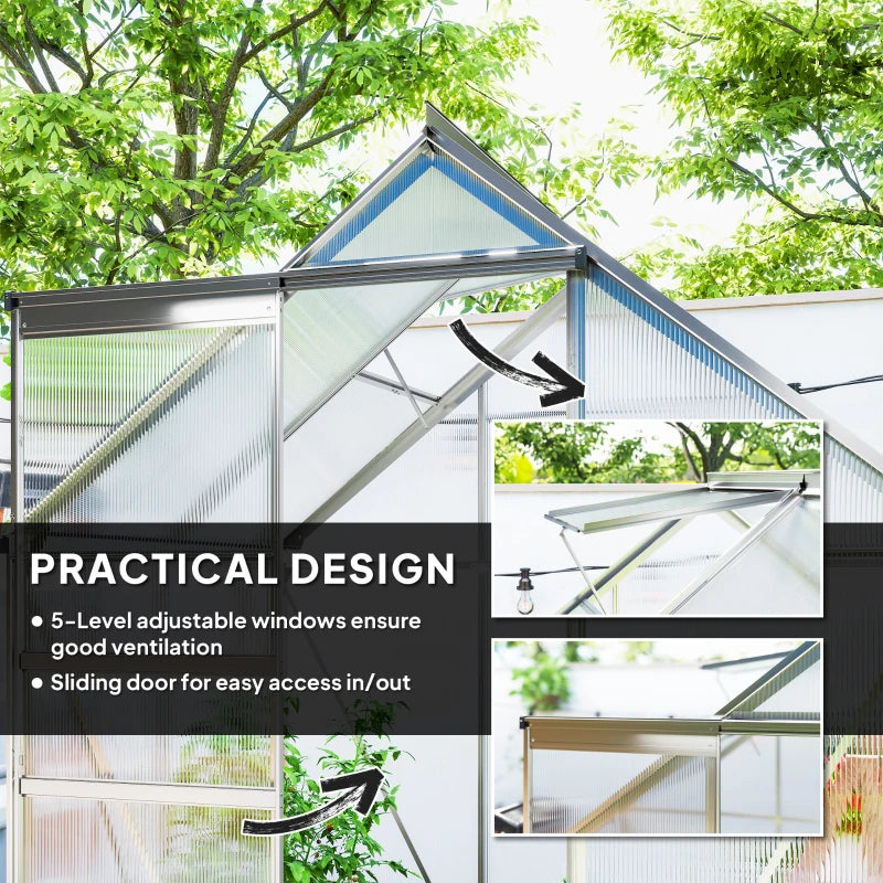 6' x 4' x 6.6' Walk-in Greenhouse, Polycarbonate Greenhouse with Adjustable Roof Vent, Base, Sliding Door, Clear