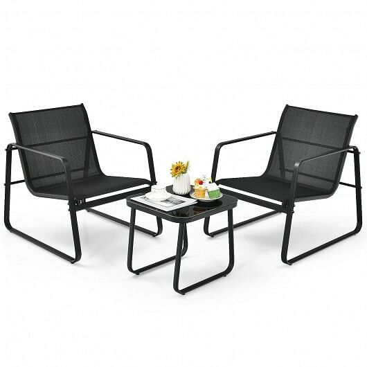 3 Pieces Patio Bistro Furniture Set with Glass Top Table Garden Deck-Black - Free Shipping
