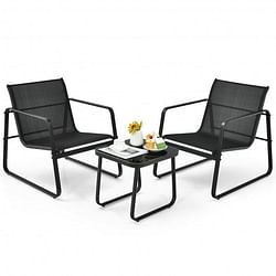 3 Pieces Patio Bistro Furniture Set with Glass Top Table Garden Deck-Black - Free Shipping