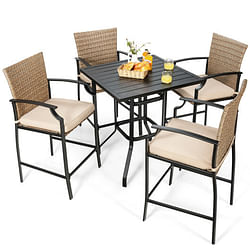 5 Pieces Outdoor Rattan Bistro Bar Stool Table Set with Cushions - Free Shipping