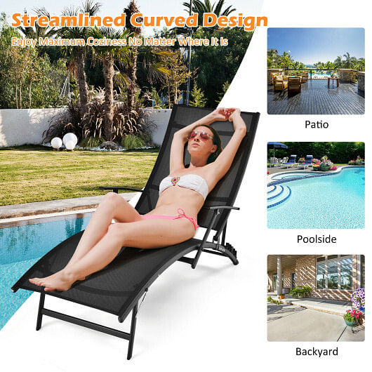 2 Pieces Patio Folding Stackable Lounge Chair Chaise with Armrest-Black - Free Shipping