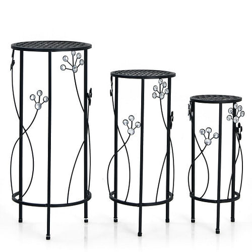 3 Pieces Metal Plant Stand Set with Crystal Floral Accents Round-Black - Free Shipping