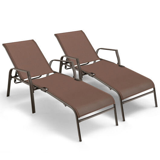 2 Pieces Patio Folding Chaise Lounge Chair Set with Adjustable Back-Brown - Free Shipping