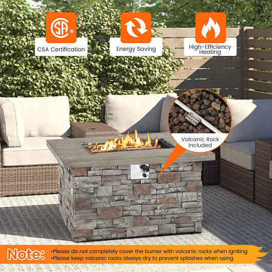 43.5 Inch Rectangle Faux Stone Propane Gas Fire Pit Table with Lava Rock and PVC Cover-Gray - Free Shipping
