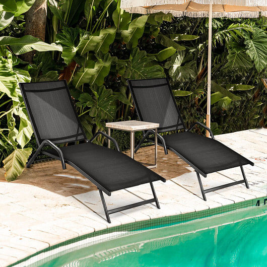 2 Pieces Outdoor Chaise Lounge with 5-Position Adjustable Backrest-Black - Free Shipping