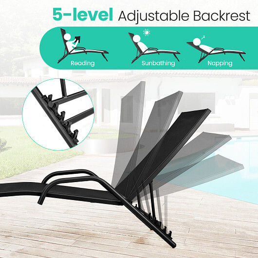 2 Pieces Outdoor Chaise Lounge with 5-Position Adjustable Backrest-Black - Free Shipping