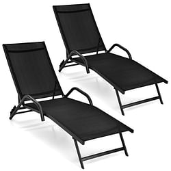 2 Pieces Outdoor Chaise Lounge with 5-Position Adjustable Backrest-Black - Free Shipping