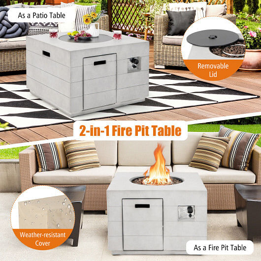34 Inch Square Concrete Propane Fire Pit Table with Lava Rocks and Cover 50 000 BTU-Gray - Free Shipping