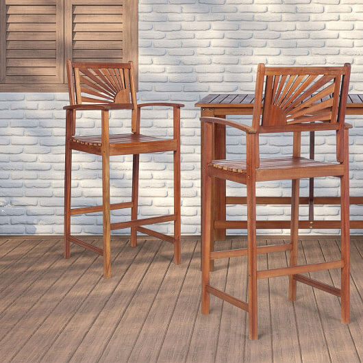 2 Pieces Outdoor Acacia Wood Bar Chairs with Sunflower Backrest and Armrests - Free Shipping