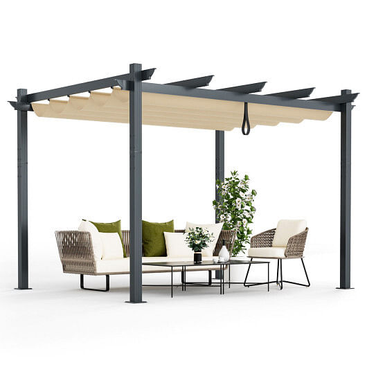 10 x 12 Feet Outdoor Aluminum Retractable Pergola Canopy Shelter Grape Trellis-Gray - Free Shipping
