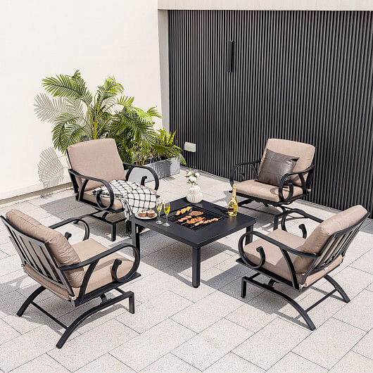 5 Pieces Patio Rocking Chairs and 4-in-1 Fire Pit Table with Fire Poker - Free Shipping