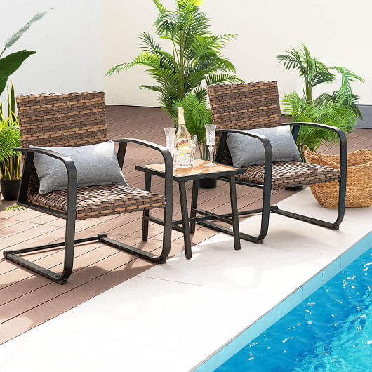 3 Pieces Patio Rattan Conversation Set with Quick Dry Lumbar Pillows - Free Shipping