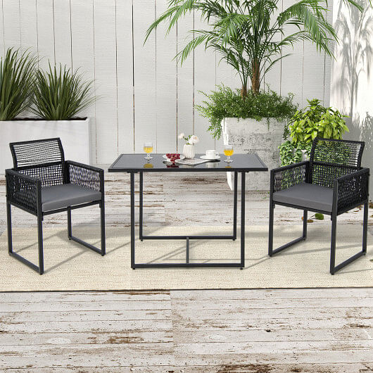 3 Pieces Outdoor Dining Set with Folding Backrest and Seat Cushions-Black - Free Shipping