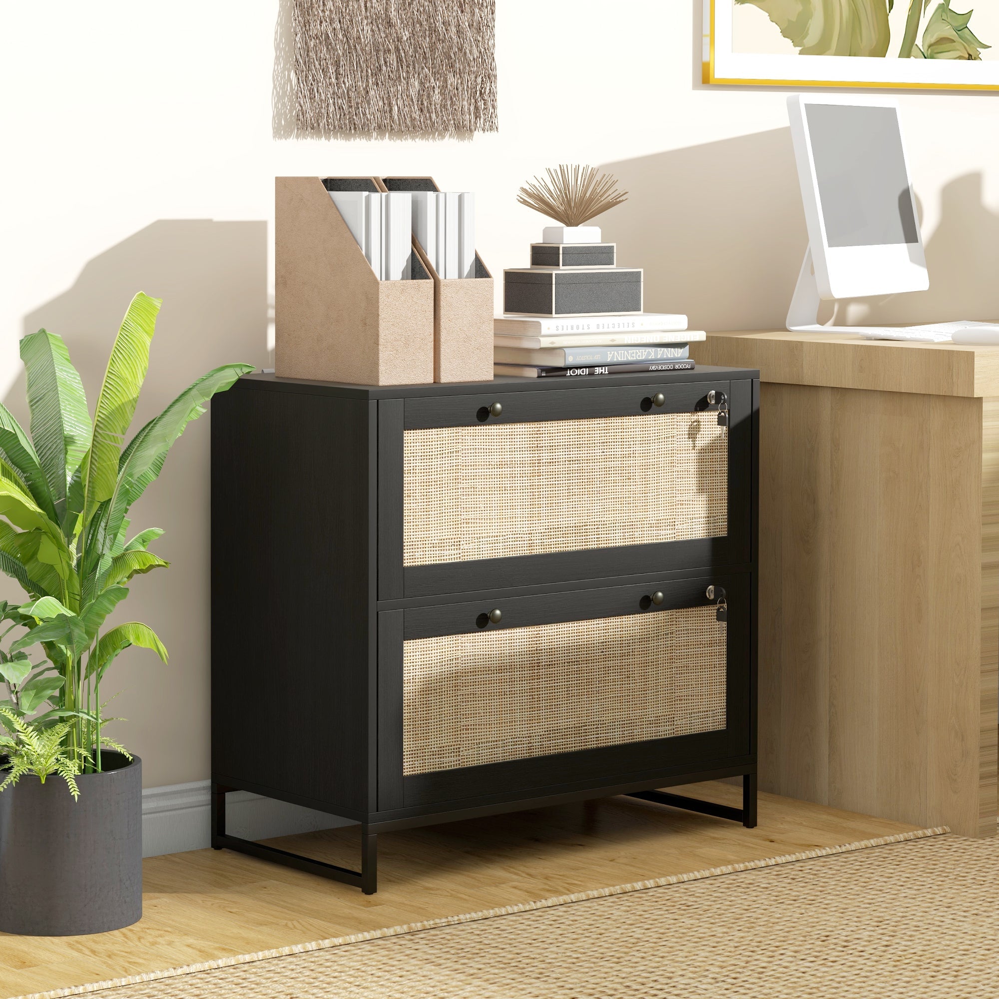 Vinsetto Boho Lockable 2 Drawer File Cabinet Adjustable Bar for Letter A4 Legal Size Black Office Storage